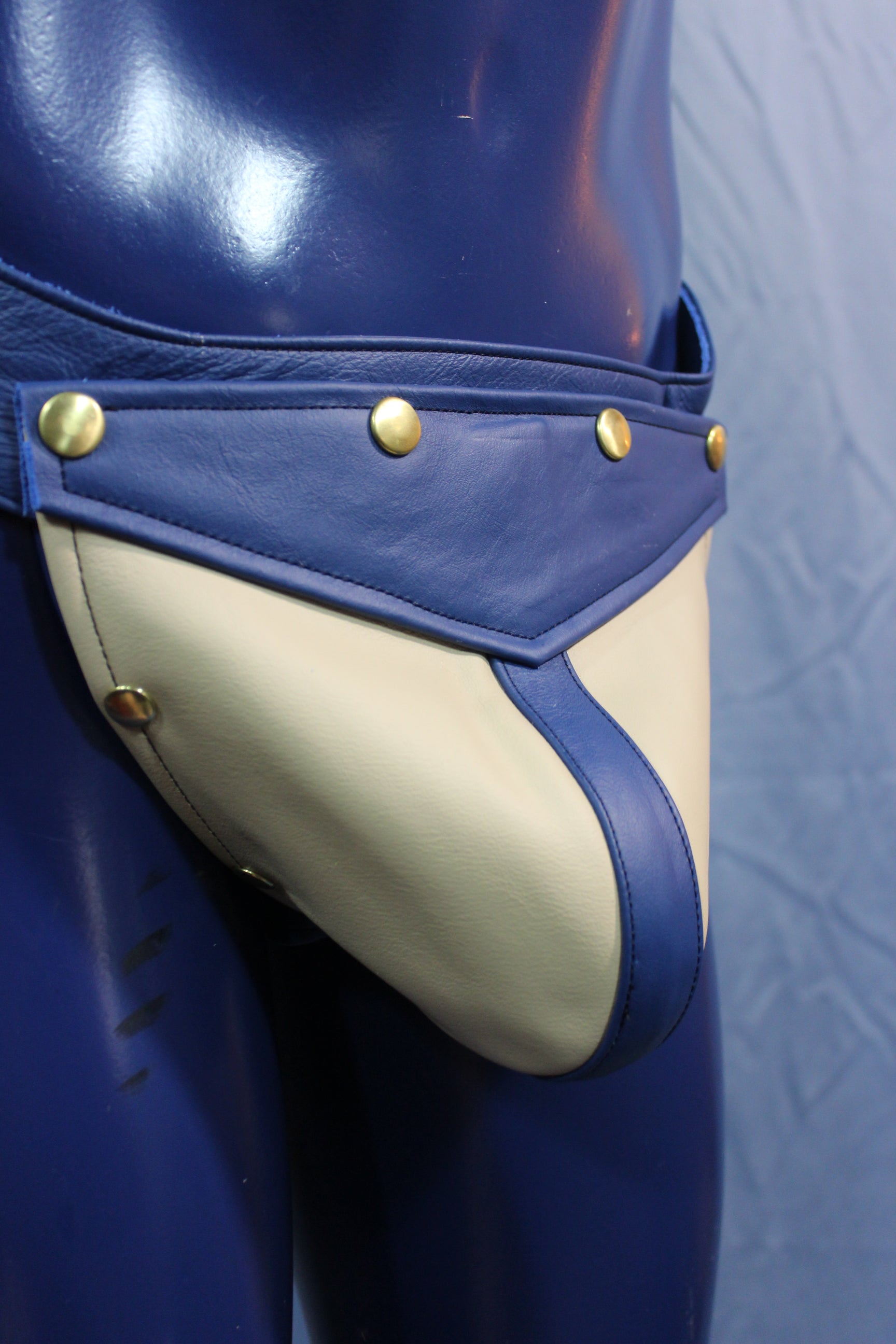 Blue and White Leather Jockstrap Interchangeable Codpiece