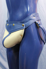 Codpiece interchangeable en cuir bleu et blanc Jockstrap