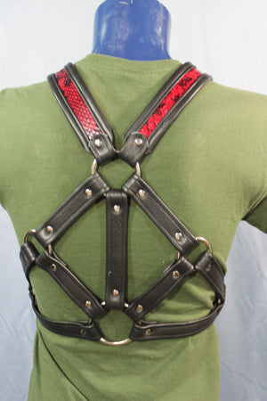 Triangle Front Extended X-Harness - Black Edging with Red & Black Snakeskin