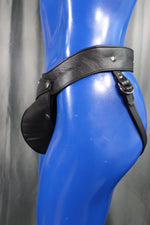 Back to Basics! Our classic all leather jock with interchangeable codpiece in soft Black leather.