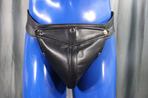 Back to Basics! Our classic all leather jock with interchangeable codpiece in soft Black leather.