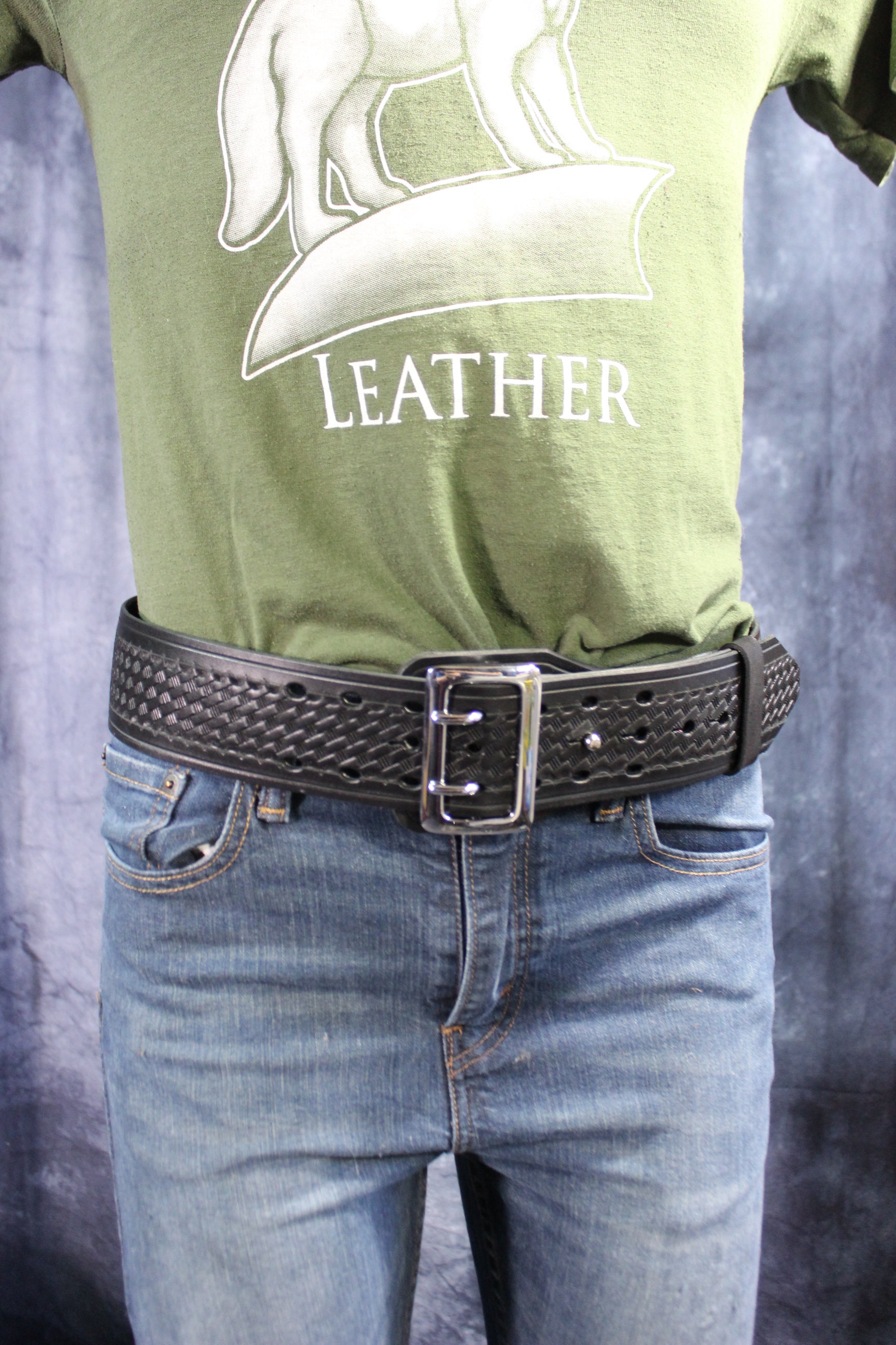 Duty Belt with Basketweave Embossing and Sam Brown Buckle and Stud