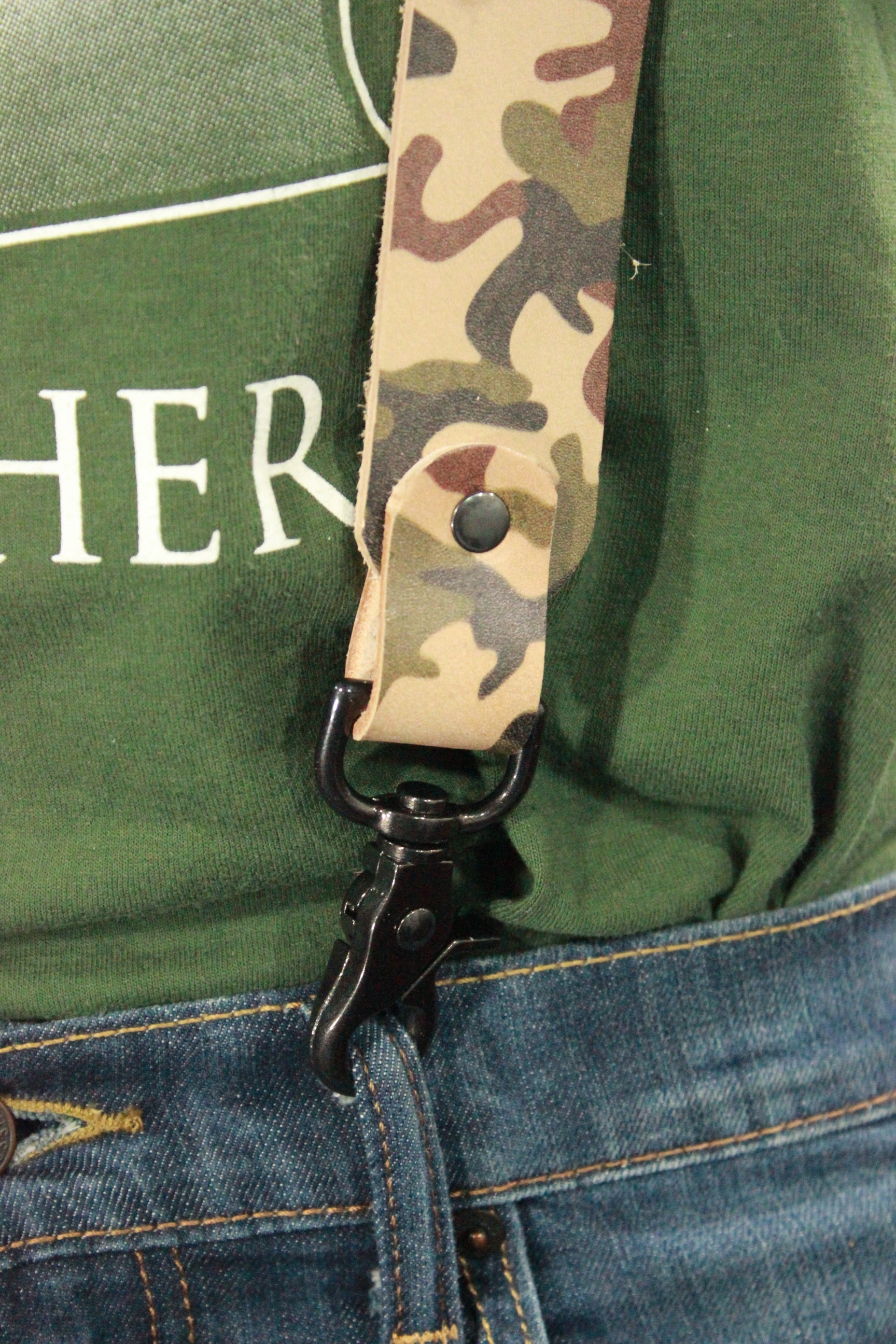 Classic Camouflage Leather Suspenders with Gunmetal Buckles