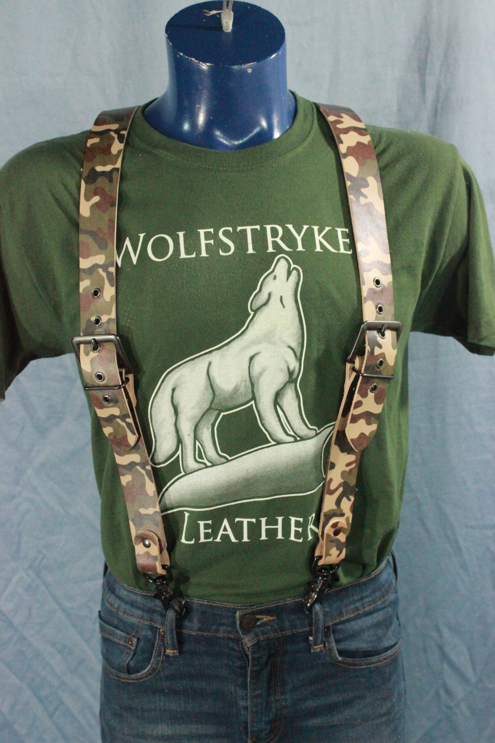 Classic Camouflage Leather Suspenders with Gunmetal Buckles