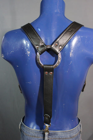 Padded Leather Suspenders with Decorative Hardware