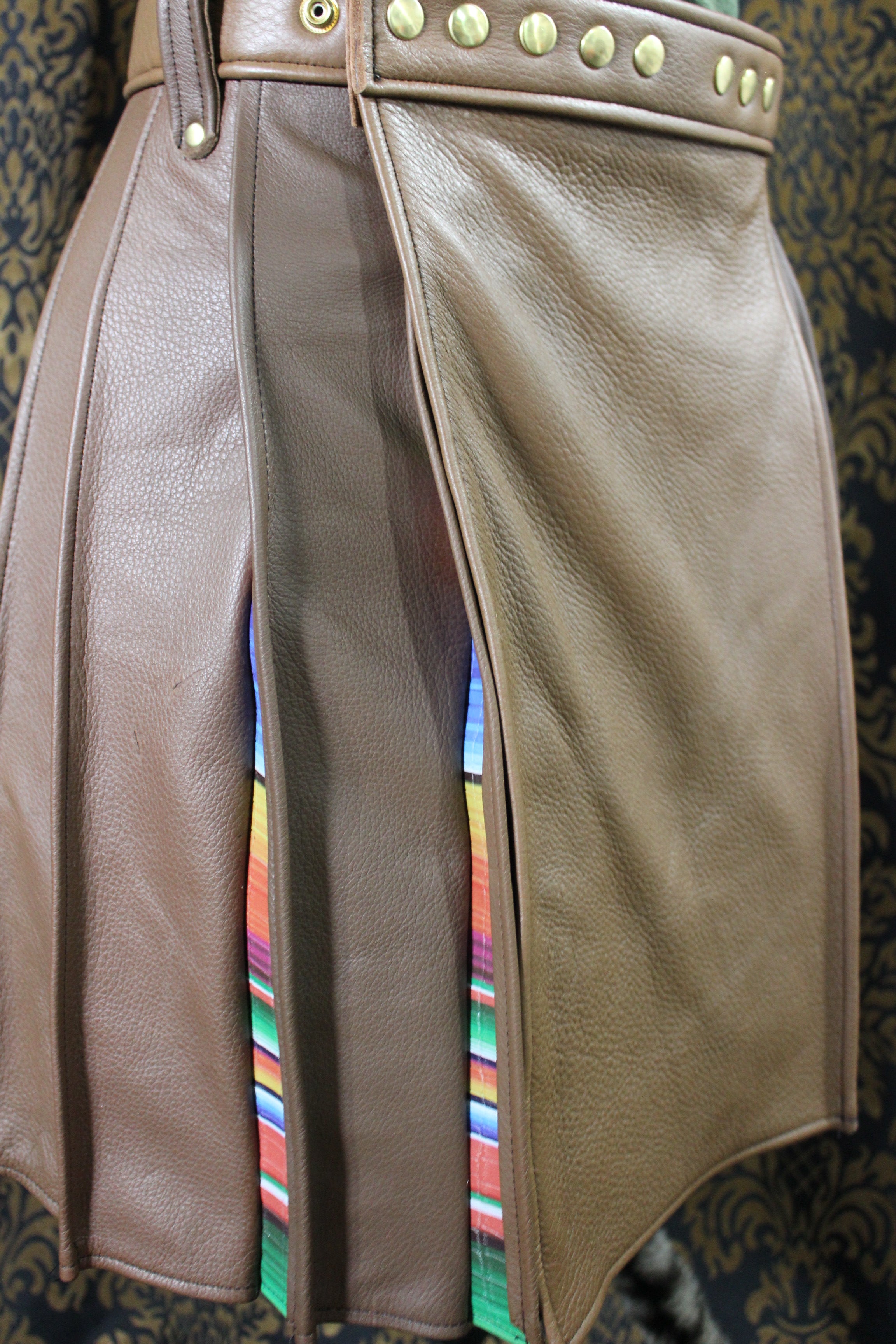 Mason's Kilt – Brown Deerskin with Serape Print Leather Pleats