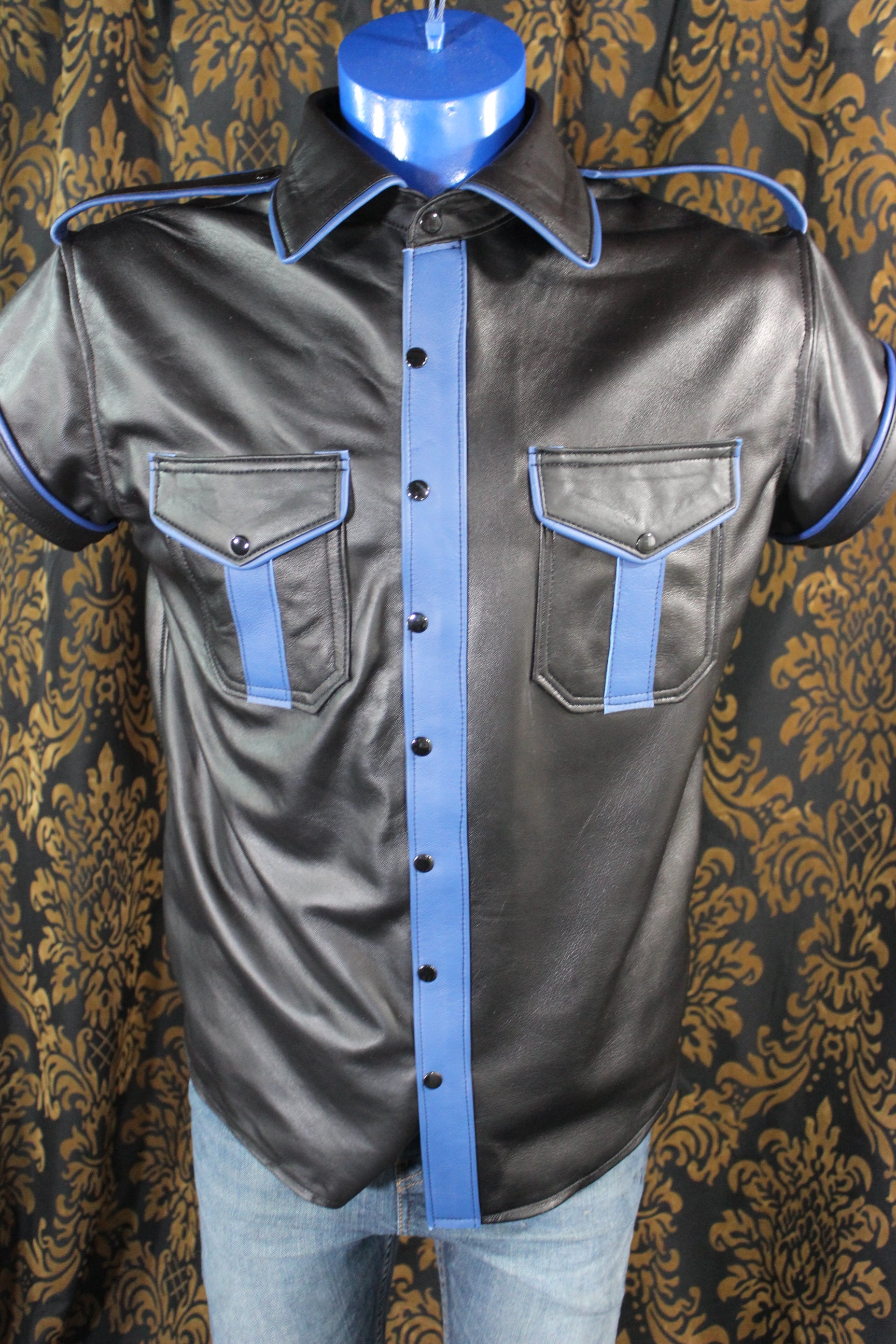 Formal Leather Short Sleeve Shirt with Piping