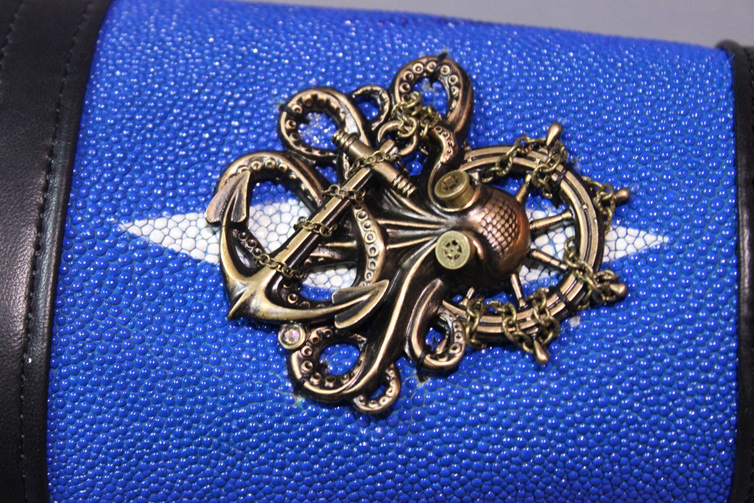 Blue stingray cuff with custom Victorian Curiousities pin!