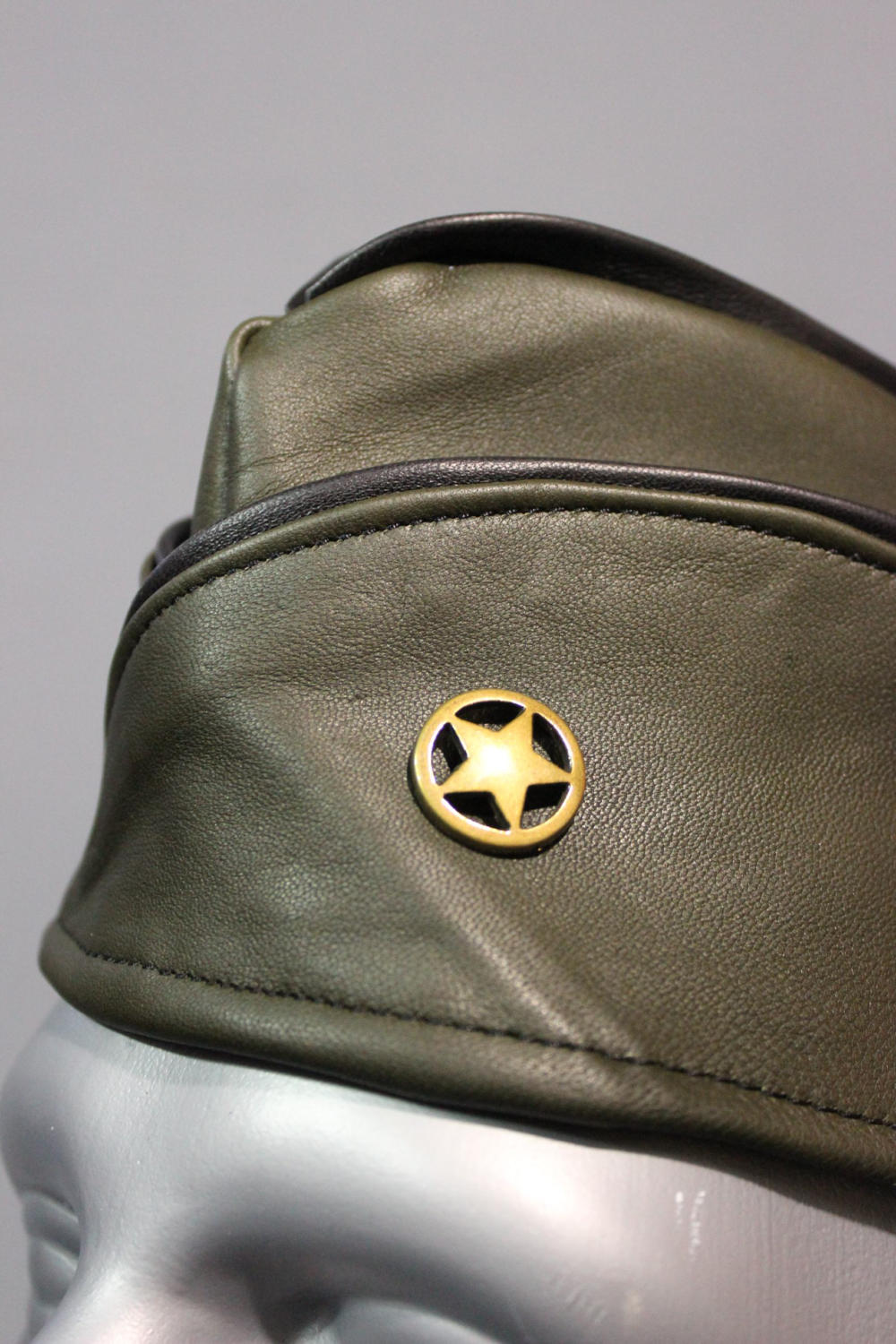 Military Olive Green Leather Garrison Cap with Brass Star Concho