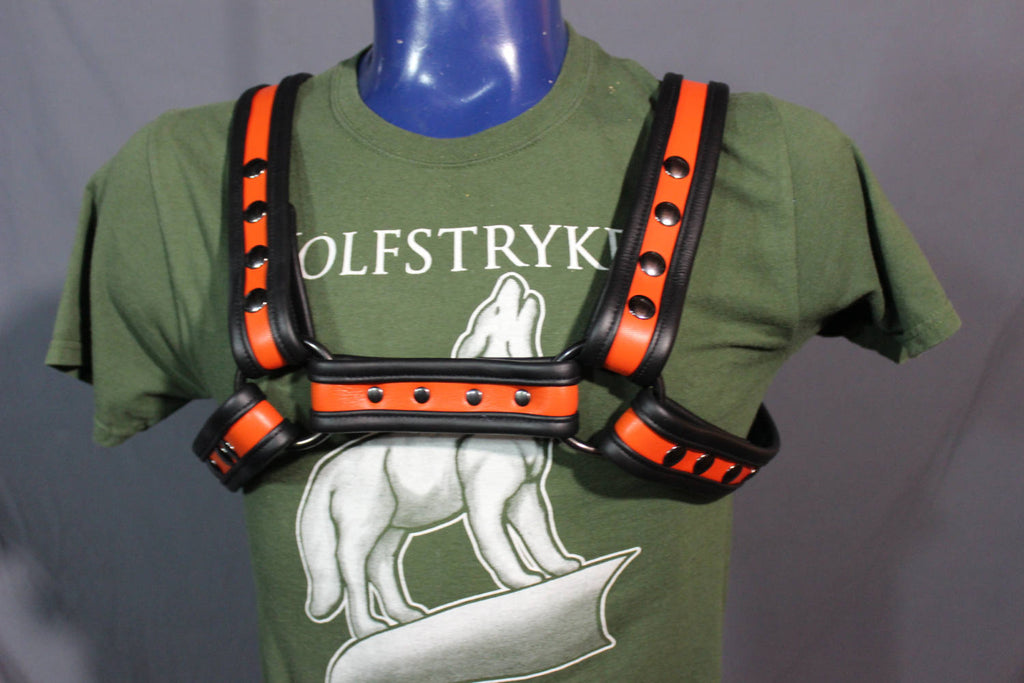 Black and Orange Bulldog Harness - Our Softest Leather!