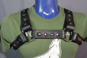 Classic Black Leather Bulldog Harness with Gunmetal Hardware