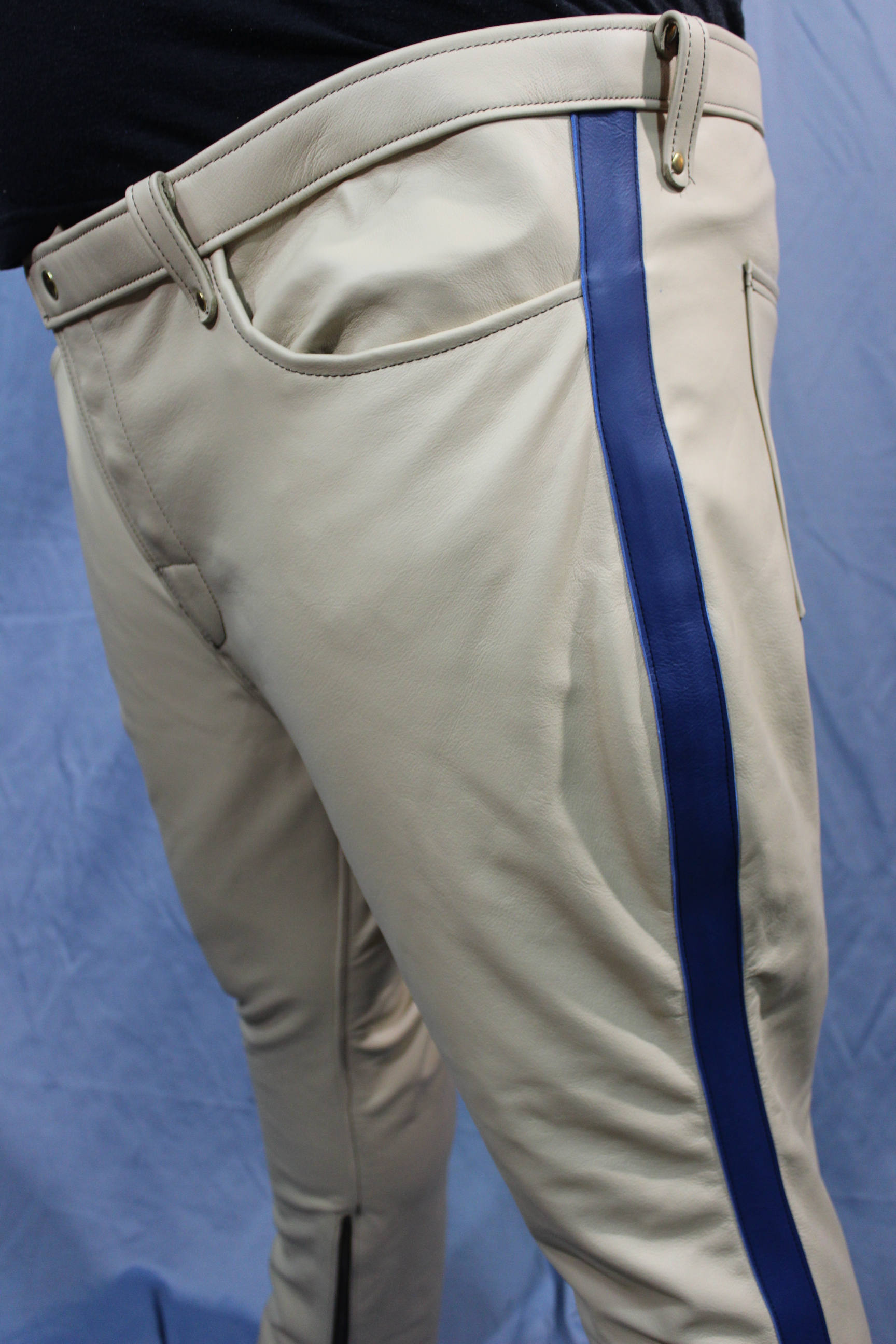 Sir Tom Matt's Collection - Cream Leather with Blue Stripe Pants