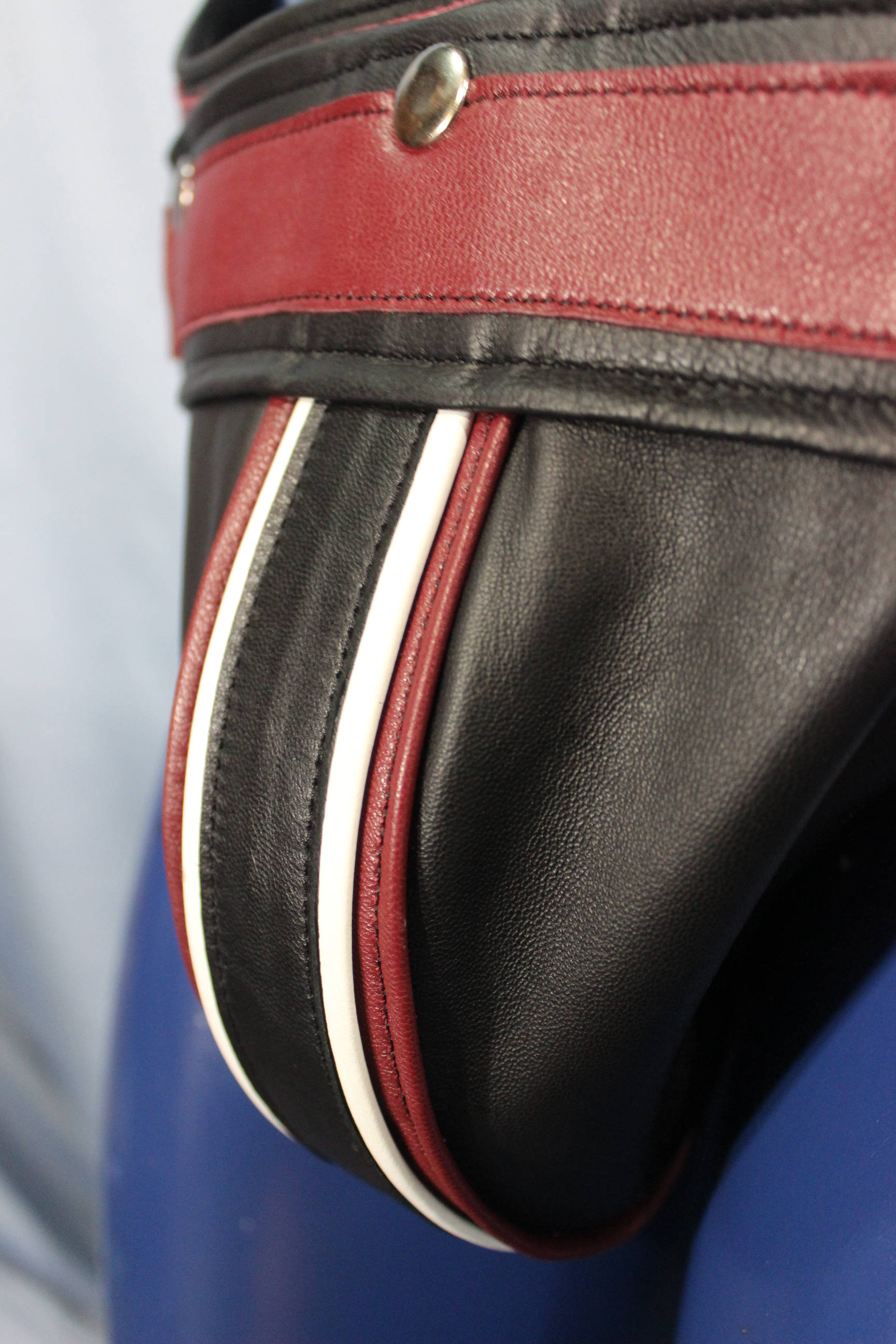 Our Tri-Color Jock with interchangeable codpiece, and comfort waistband in soft leather.