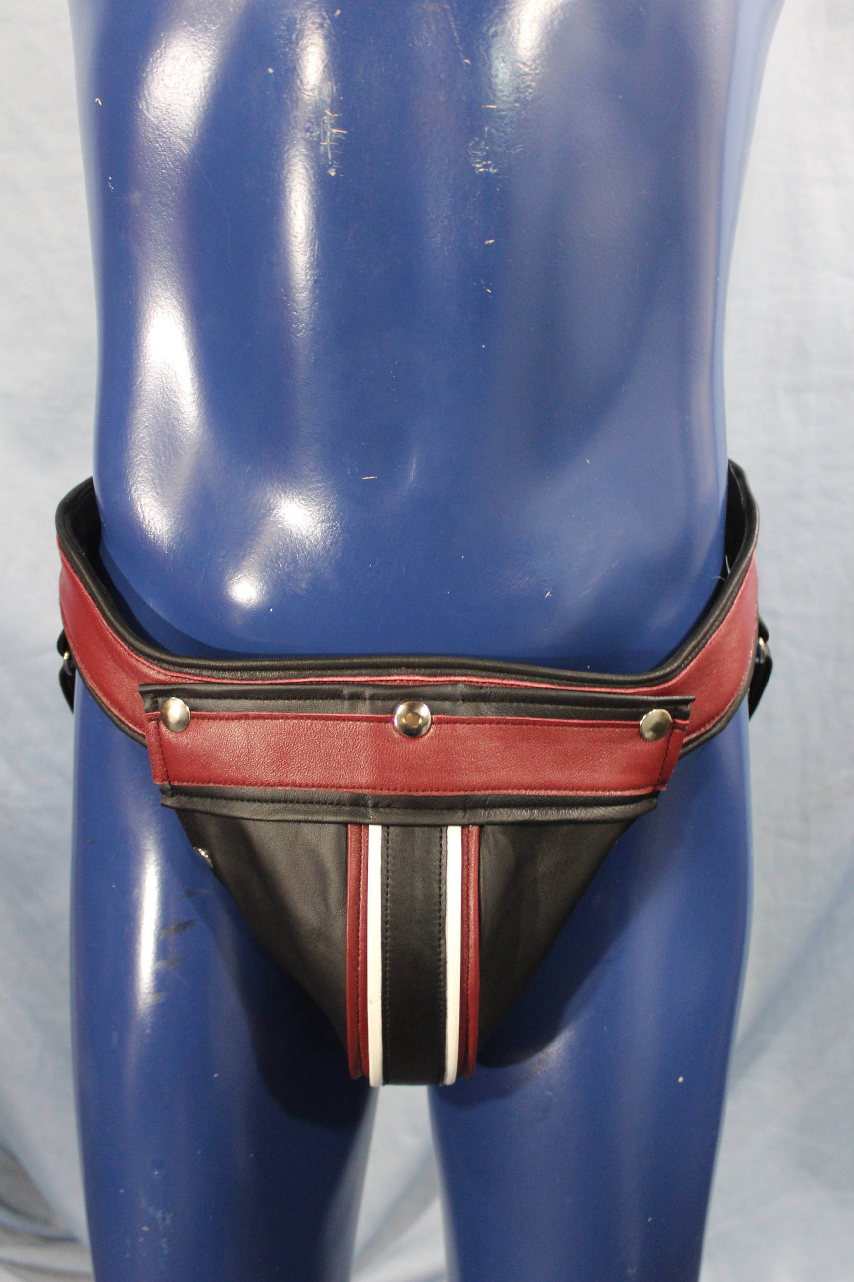 Our Tri-Color Jock with interchangeable codpiece, and comfort waistband in soft leather.