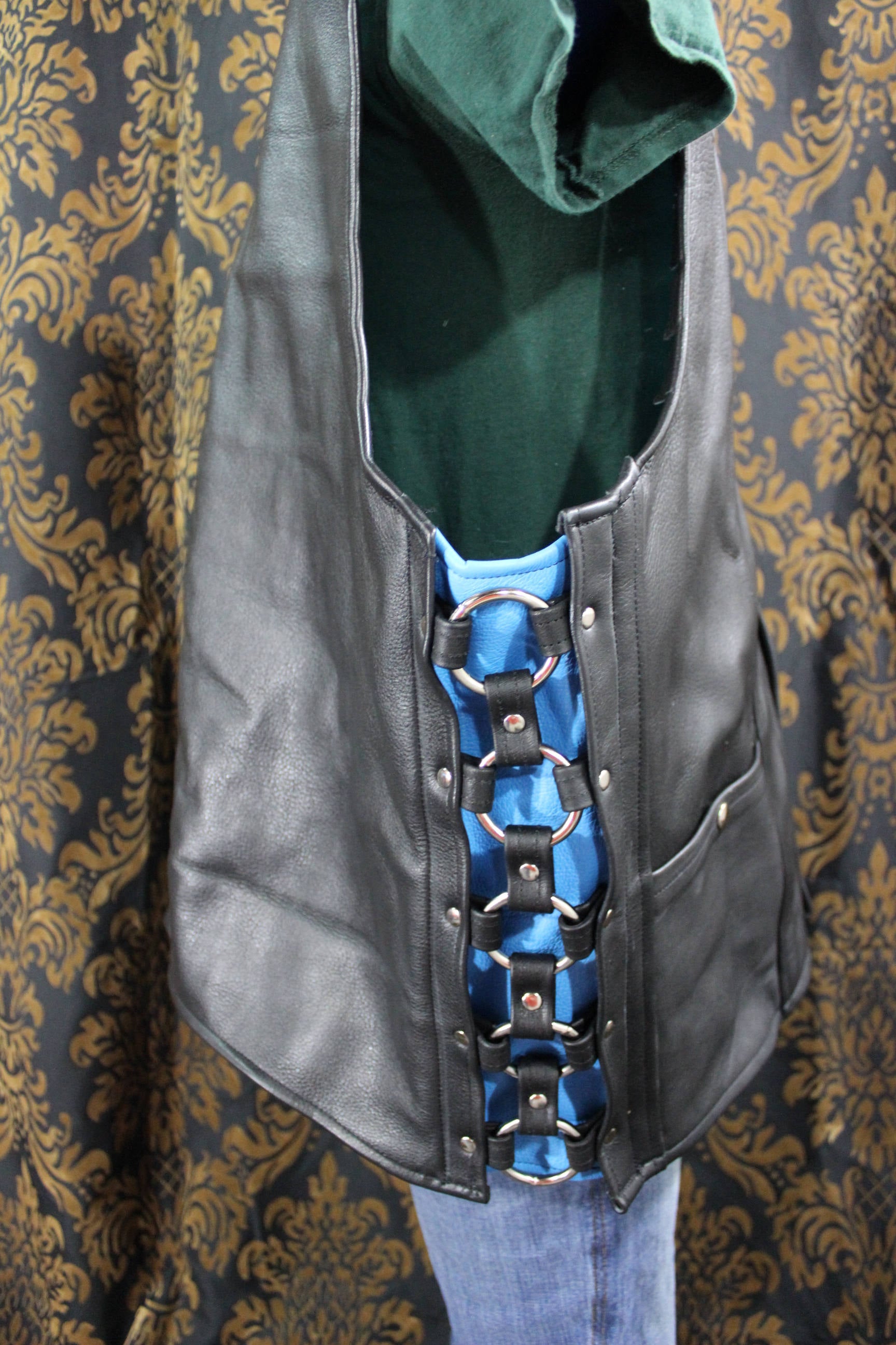 Black Leather Western Style Ringed and Lined Vest