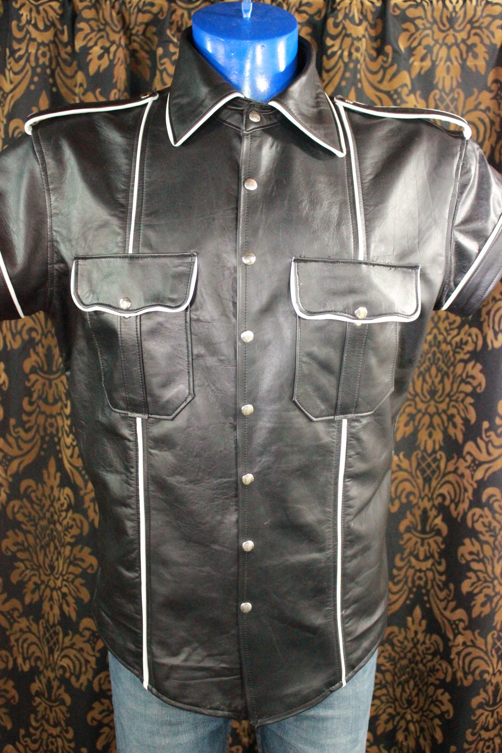 Formal Leather Short Sleeve Shirt with Piping
