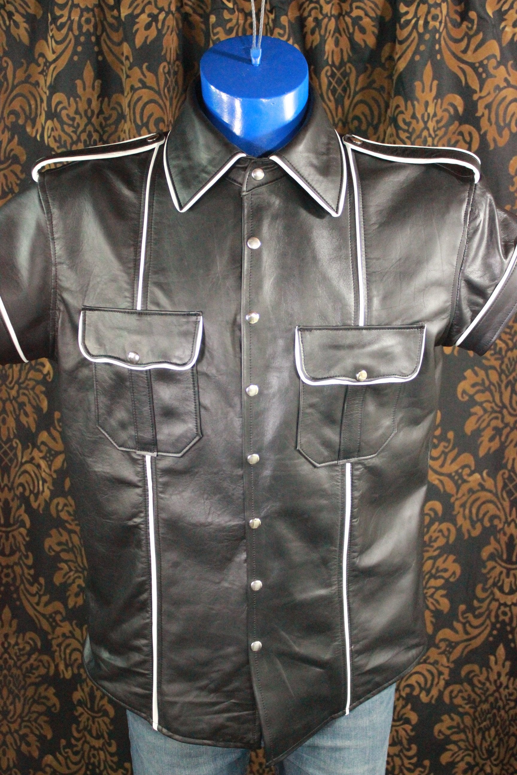 Formal Leather Short Sleeve Shirt with Piping