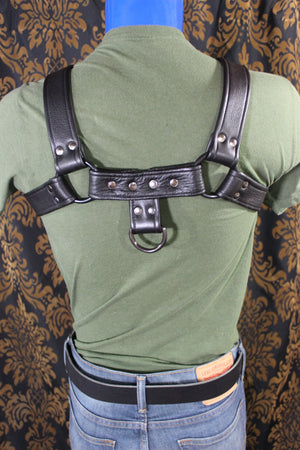 Classic Black Leather Bulldog Harness with Gunmetal Hardware