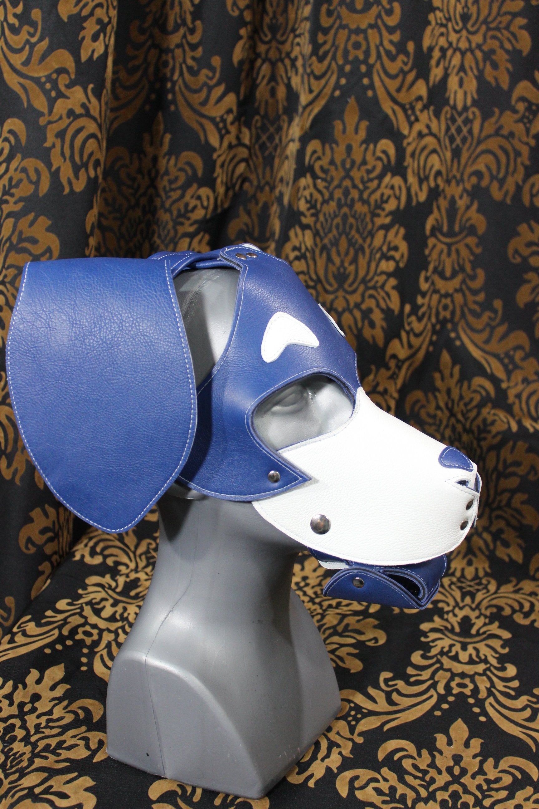 Capucha para cachorro estilo Basset Hound en azul y blanco