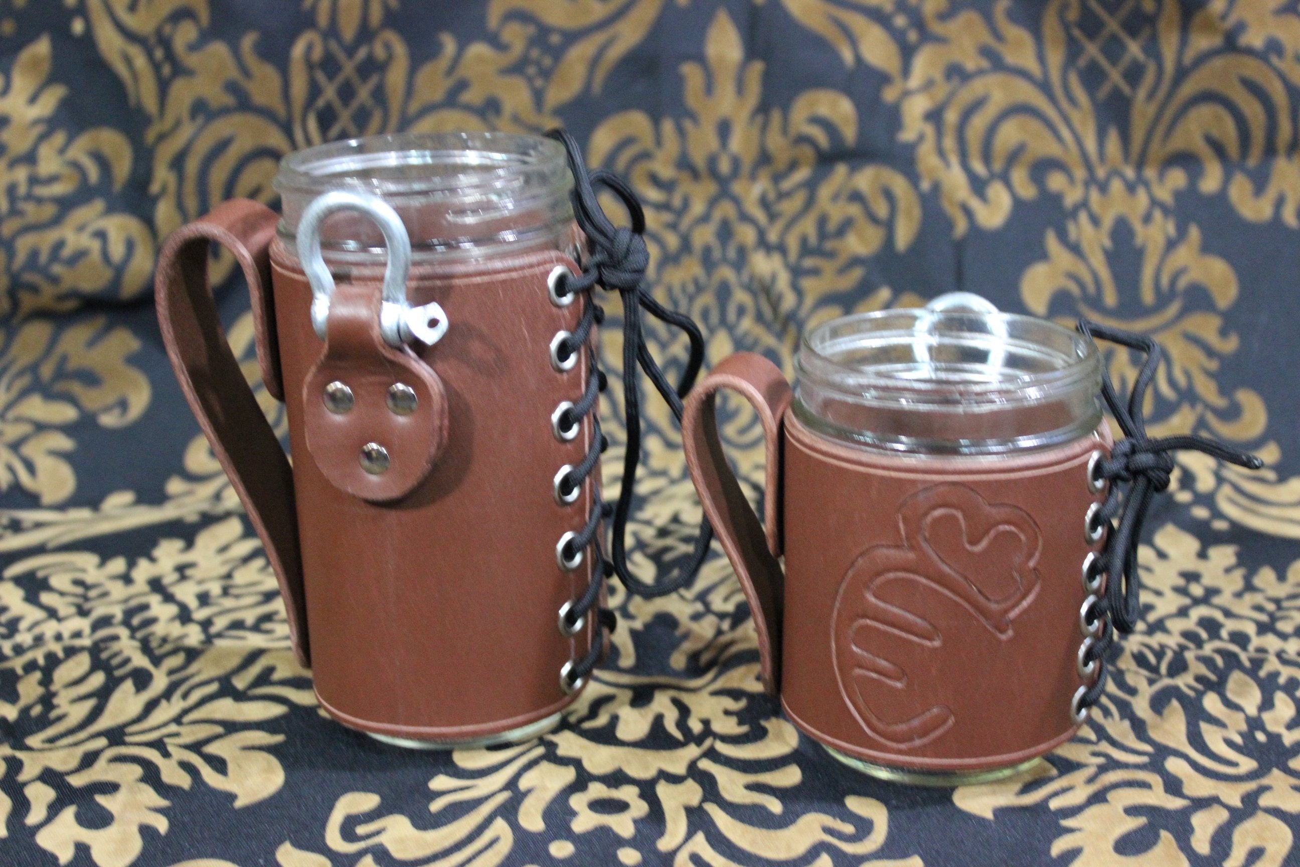 Leather wrapped mason jar mugs