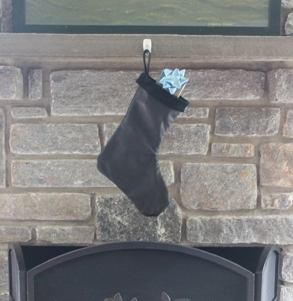 Black Leather Christmas Stocking - 100% Hand Made in the USA. Monogramming Available.