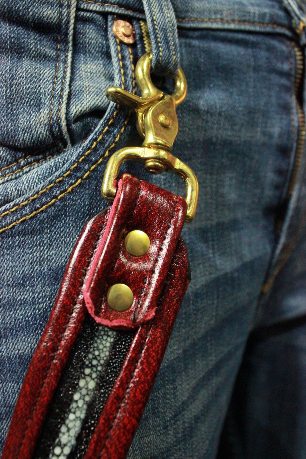 Stingray and Burgundy Leather Leg Harness with Brass Hardware