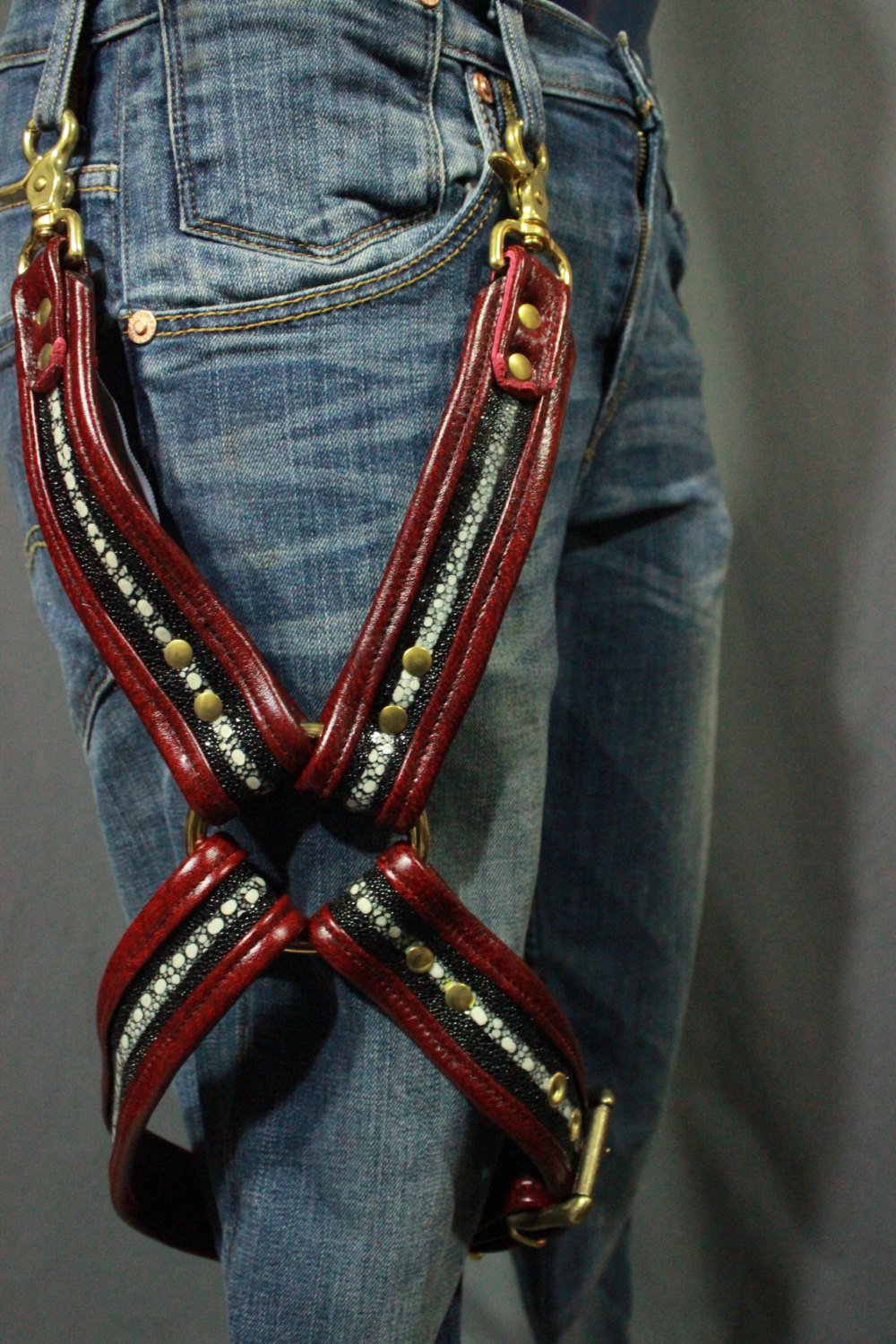 Stingray and Burgundy Leather Leg Harness with Brass Hardware