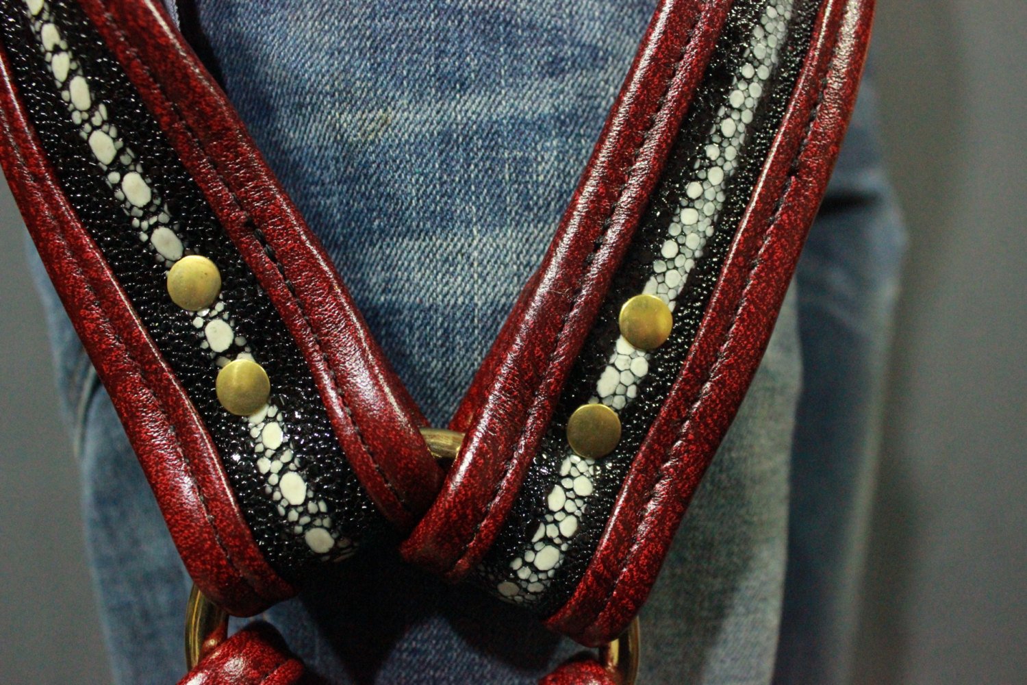 Stingray and Burgundy Leather Leg Harness with Brass Hardware