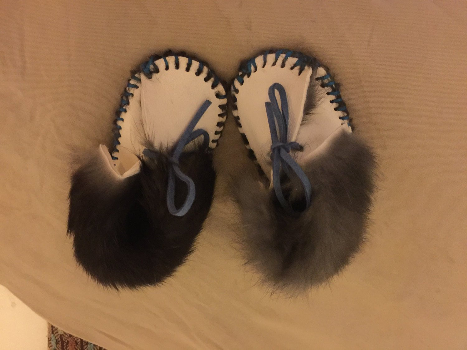 Moccasins, BABY size, blue or pink with real rabbit fur